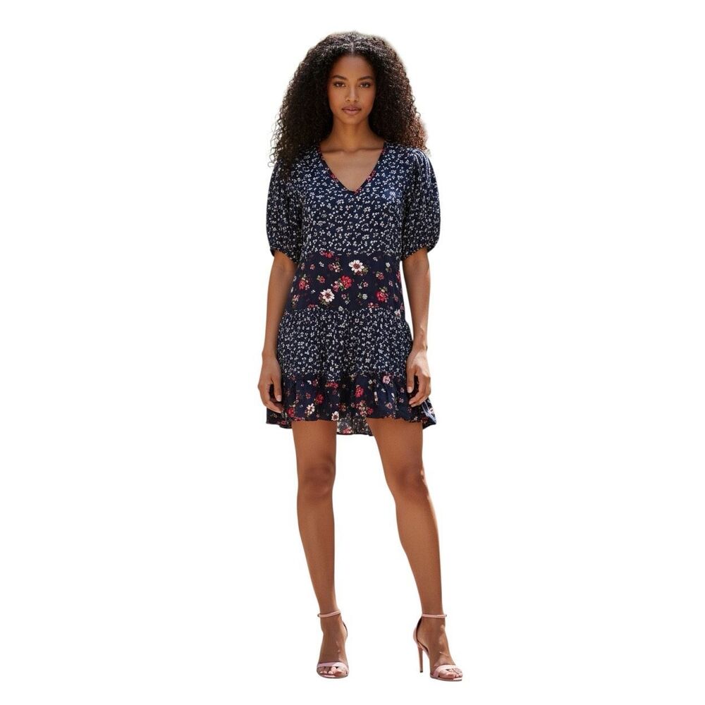 Velvet Torch NWT Blue Floral Mini Dress Puff Sleeve V-Neck Keyhole Back Sm